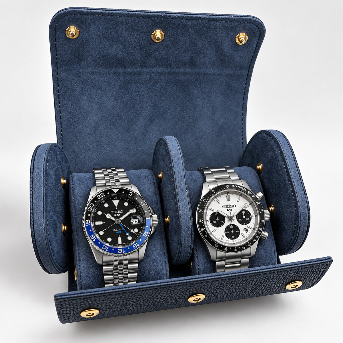 Étui en cuir bleu pour 2 montres
